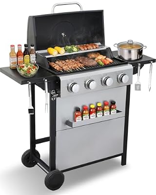 IdeaMaxx 4 Burner Gas Grill with Foldable Shelves, 40,000 BTU Stainless Steel Propane BBQ Grill, 387 Sq. In. Cooking Space, Portable Outdoor Grill for Patio, Backyard, Camping & Tailgating
