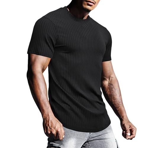 Men's Shirt Casual Basic Top Crewneck Short Sleeve Classic Tee Slim Fit Muscle T-Shirt,Ribbed Henley Shirt