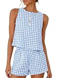 IDEALSANXUN Gingham Set Women 2 Piece Outfits 2026 Pajama Sets Fashion Spring Summer Beach Vacation Outfits Cotton Linen Tank Tops and Plaid Shorts, Light Blue, M
