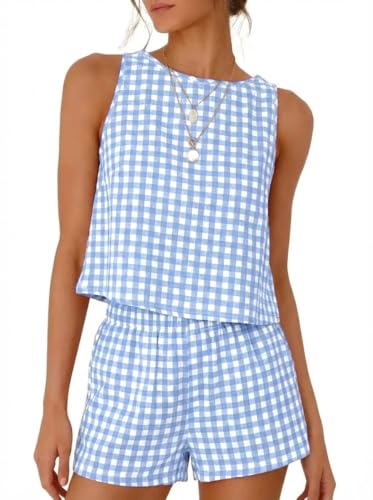 IDEALSANXUN Gingham Sets for Women 2 Piece Outfits 2026 Pajama Sets Fashion Spring Summer Beach Vacation Outfits Cotton Linen Tank Tops and Plaid Shorts, Light Blue, M