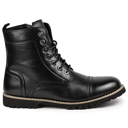 Metrocharm Classic Combat Style Boots, Synthetic Leather, Military Style Lace-up with Side Zipper, Rugged Lug Sole, Cap Toe Design, Casual Wear MC3112