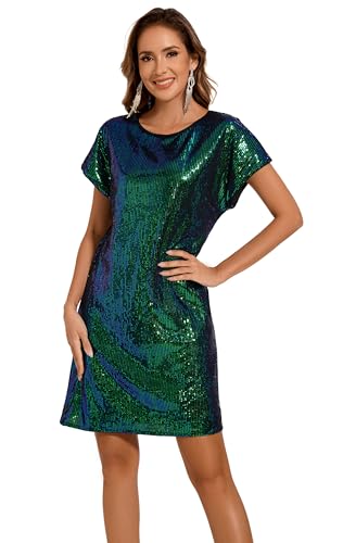 Image of Women's Crewneck Sequin Shift Dress Short Sleeve Casual Holiday Sparkly Party Dress