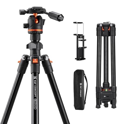 K&F CONCEPT 71/182cm Camera Tripod with Handle Aluminum Travel Tripod with Tilt Limiter Compatible for Camera and Phone Load Capacity 8kg Arca Swiss Ball Head for DSLR Mirrorless O234A3+BH-36