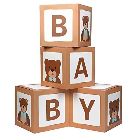Teddy Bear Baby Shower Boxes for Birthday Party Decorations,4 Brown BABY Balloon Boxes With Teddy Bears Printed,Baby Blocks for First Birthday Boys Girls Babyshower Decorations Gender Reveal Backdrop Cover