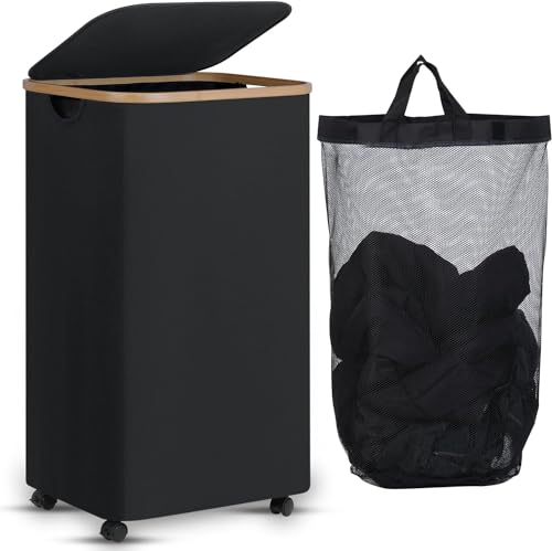 efluky Panier à Linge sur Roues 100L, Panier à Linge étroit avec couvercle, Panier à Linge Pliable avec Poignées en Bambou et sac Amovible pour la Chambre, la Salle de Bain, la Buanderie