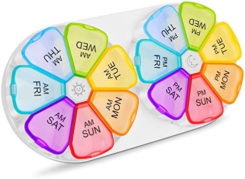 Pill Organizer Weekly (2 Pack), Unique 7 Day 2 Times a Day Daily Pill Box Cases with Tray, Portable Medicine Container for Vitamin Fish Oil Supplements-Arthritis Friendly