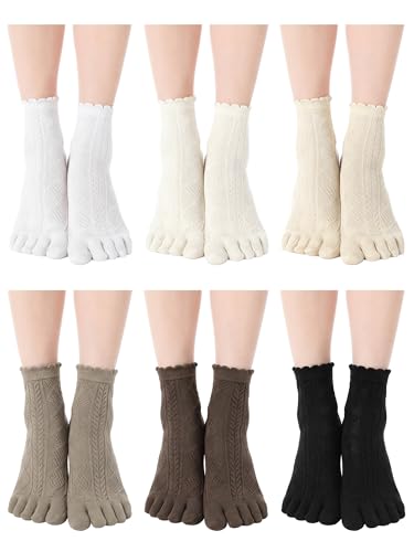 Image of Fourluoo 6 Pair Women Toe Socks Cotton Cute Ruffle Crew Socks with Separated Toes Five Ankle Socks for Women Men Athletic