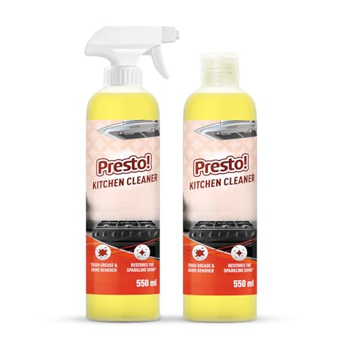 Amazon Brand - Presto! Kitchen Cleaner | 1.1 L | 550 ml x Pack of 2 | Tough Grease & Grim Remover | Restores Sparkling Shine | Suitable For A Gas Stove, Chimney, Tiles