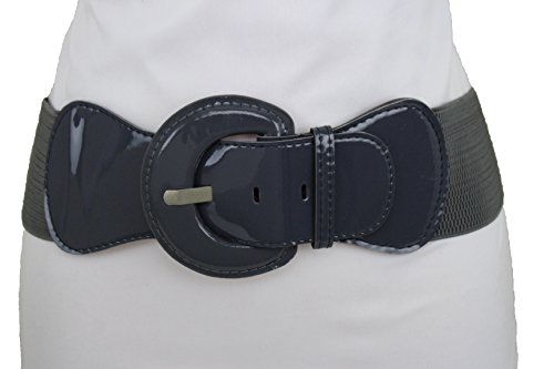TFJ Women Elastic Fashion Fabric Belt Big Round Buckle Charcoal Dark Grey Color2