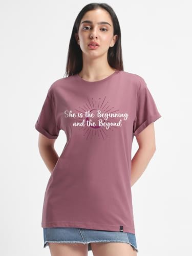 Image of Bewakoof Women's Typography 100% Cotton T-Shirt - Boyfriend Fit, Round Neck, Half Sleeves