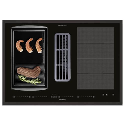 Oranier Induktionskochfeld 80 cm KFA690 - Flächen-Kochfeld mit Abluft-Umluft Abzug Multi-Slider - Grillplatte halbgeriffelt & schwarzer Kochfeldrahmen