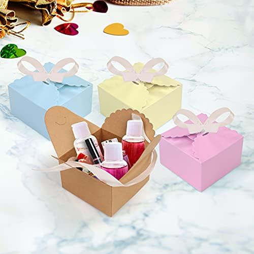 Belle Vous 20 Pack Scalloped Pastel Paper Square Gift Boxes with Ribbon - 10 x 10 x 6cm/3.94 x 3.94 x 2.36 Inches - Small Boxes for DIY Wedding and Party Gifts/Favours, Handmade Soap & Candy