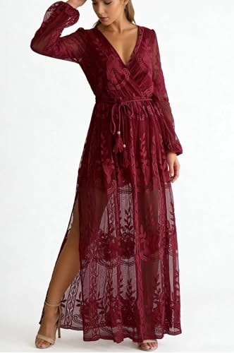 Image of LRISES Womens V Neck Floral Embroidered Lace Wedding Maxi Dress Boho Short Sleeve Slit Bridesmaid Evening Party Dresses