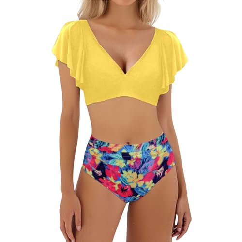 Producto de baño de Dos Piezas con Volantes y Cintura Alta para Mujer en Estampado Tropical Conjunto de Trajes de baño sin Soporte y Ajuste cómodo para Playa o Piscina (Yellow, S)