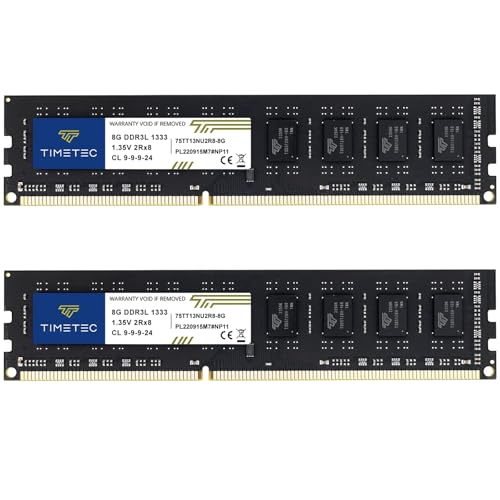 Timetec 16GB KIT(2x8GB) DDR3 / DDR3L 1333MHz PC3-10600 Non-ECC Unbuffered 1.5V / 1.35V CL9 2Rx8 Dual Rank 240 Pin UDIMM PC Desktop Computer Memory RAM Module Upgrade (16GB KIT(2x8GB))
