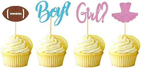Arthsdite 48pcs Boy or Girl Cupcake Toppers Gender Reveal Tutu or Football Cupcake Picks Baby Shower Cake Topper Decorations for Kids Birthday Party Cake Decorations Supplies