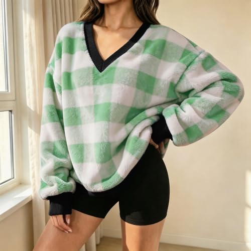 Green Sweatshirt for Women Flannel Plaid V Neck Oversized Pullover Tops - image 6