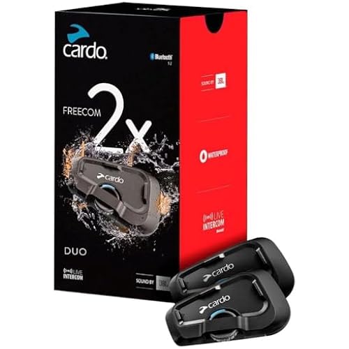 Cardo Systems FREECOM 2X Motorcycle 2-Way Helmet Bluetooth Communication System Headset Intercom, Universal Bluetooth Connectivity, Waterproof, 40mm Speakers - Dual Pack