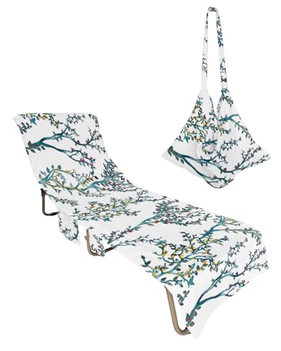 Branches Leaves Beach Chair Towel Covers for Chaise Lounge With Side Pocket, Soft Plush Pool Towels Cover for Patio Sunbathing Outdoor 29''x85'' Watercolor Botanical Plant Green