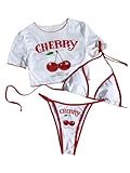 SHENHE Women's 3 Piece Cherry Swimsuits Y2k Triangle Halter Thong Bikini Set with Cover Up Red and White X-Large