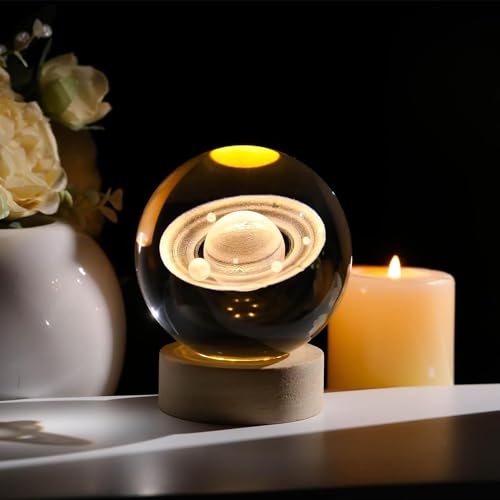 Image of 3D Crystal Ball LED Night Lamp with Wooden Base | Warm Light Bedside Table Lamp for Bedroom, Living Room, Kids Room, Study, Home Decoration & Gifting (Saturn Ring)