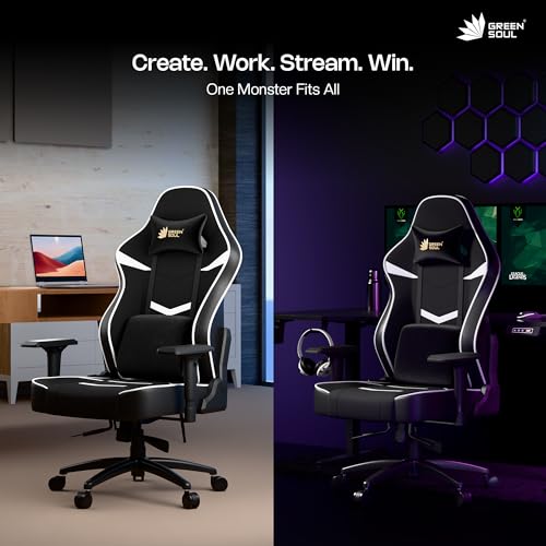 Image of Green Soul Monster Ultimate Series S| Multi-Functional Ergonomic Gaming & Office Chair|Premium Spandex & PU Leather Fabric | Adjustable Neck, Lumbar Pillow | 4D Adjustable Armrests (Black White)