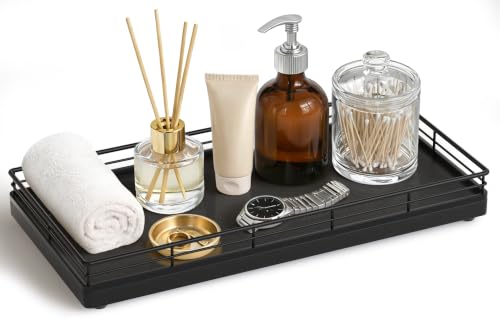 Bathroom Vanity Tray for Countertop, 12" x 6" Oak Wood Toilet Tank Tray | Metal Guardrail, Bathroom Organizer for Soap, Perfume & Skincare, Non-Slip Decorative Tray for Dresser & Vanity, Black