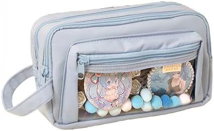 ITA Pencil Pouch Anime Display Pen Case Stationery Bag with Clear Insert & Stickers for Teens College Students Blue