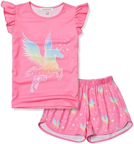 Unicorns Pajamas For Girls Summer Pj Sets Flutter Sleeve Night Shorts Unicorn