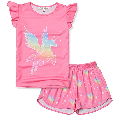 Unicorns Pajamas For Girls Summer Pj Sets Flutter Sleeve Night Shorts Unicorn #TOP14