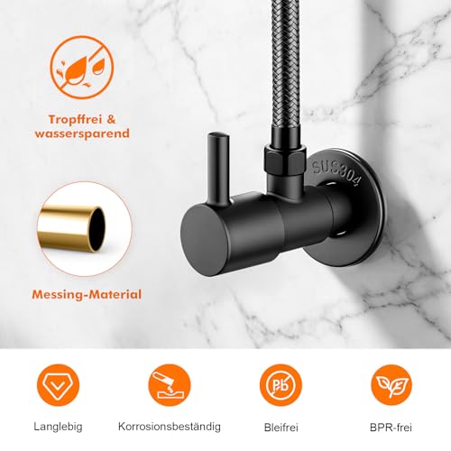 Ibergrif Eckventil 1/2 Zoll Wandanschluss, 3/8 Zoll Schlauchanschluss, Eckregulierventil, Waschbecken für Kalt Warmwasser Trinkwasser, Ventil Messing, Schwarz