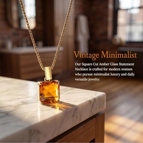 Trendy 14K Gold Plated Square Brown Glass Pendant Necklaces for Women — view 8