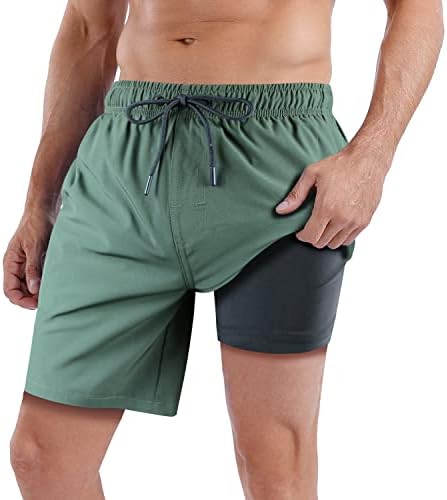 QRANSS Mens Swimming Trunks 7 inch Inseam with Boxer Brief Liner Plus Size 2XL Army Green Beach Swim Shorts with Compression Liner