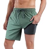 QRANSS Mens Swimming Trunks 7 inch Inseam with Boxer Brief Liner Plus Size 2XL Army Green Beach Swim