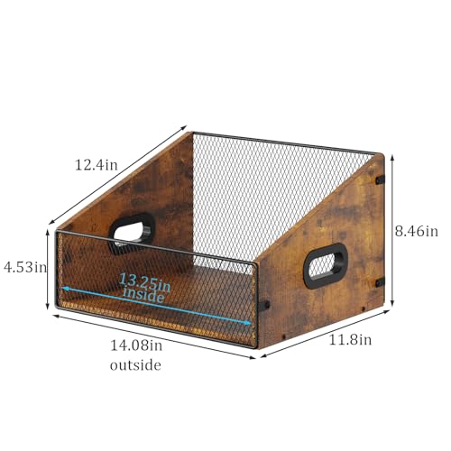 Yuzehuaza Vinyl Record Storage Holder, Trapezoidal LP Vinyl Record Crate with Handle, Wood & Metal Album Storage Desktop Organizer Box for Books Files, Rustic Brown - Thumbnail 3
