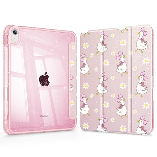 May Chen Gitter Pearl Silk for iPad Air 11 (M4 2026/M3 2025/M2 2024), iPad Air 4 & 5 10.9 Inch 5th 4th (2022/2020), Sparkly Clear Back Protective Stand Cover with Pencil Holder, Cute Goose