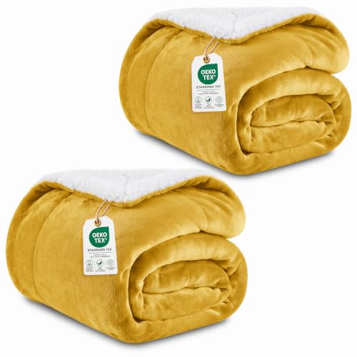 IR Imperial Rooms 2 Pack Sherpa Throw Blankets 50x60 Couch Mustard