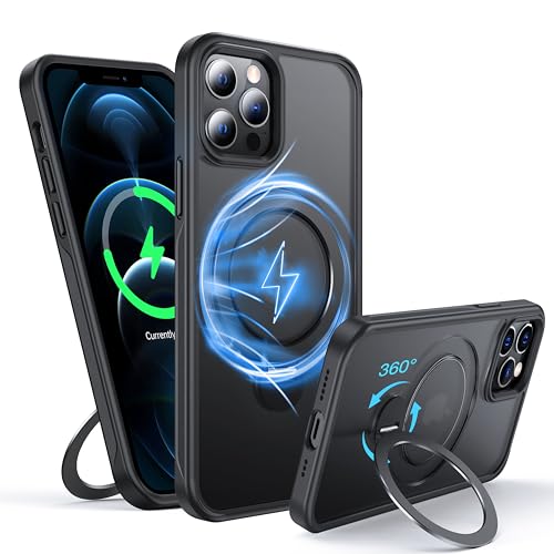 FNDMIL 360Rotatable Magnetic Ring for iPhone 12 Pro Max Case Compatible with MagSafe[Non-Slip Texture Edge][Built-in Kickstand][Military Shockproof] Translucent Matte Soft Silicone Bumper Slim Black