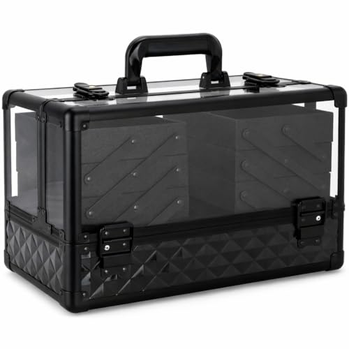 Ver Beauty Black Diamond Makeup Train Case with 6 Accordion Trays Lockable Cosmetic Organizer with Spacious Interior & Clear Acrylic Top