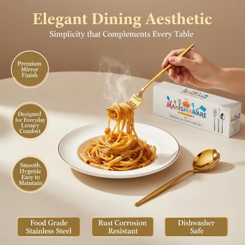 Image of Classic Gold 4 Pcs Stainless Steel Cutlery Set for Dining Table, Dishwasher Safe Glossy Flatware (Perfect Spoon Fork Set)