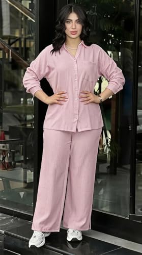 Image of Women's Solid Color Two-Piece Set | Long Sleeve Top & Wide Leg Pants Co-ord Set | Casual Wear Co ord Set