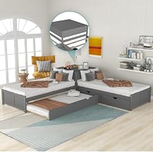 Flieks Storage Daybed with Trundle, Twin Size L-Shaped Platform Bed with Convertible Trundle, Two Drawers Linked with Built-in Square Table for Living Room, Bedroom, Guest Room Grey