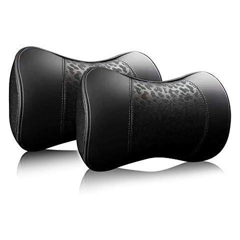 HAOTULE Car Leather Neck Pillows, Neck Rest Cushions,100% Memory Foam Cervical Support, Comfortable Travel car Seats and Home Office Soft Pillows, Black a Set (2 pcs) Cover