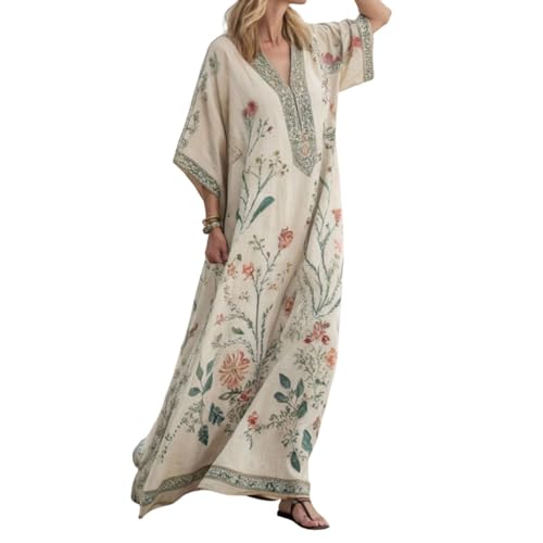 Gienslru Strandkleid Damen Lang Elegant - Bohemian Kaftan V-Ausschnitt Sommerkleid Vintage Maxikleid Poncho A-Linie Leinenkleid mit Taschen Musselin Kleider Luftig Kimono Robe Bikini Cover-up