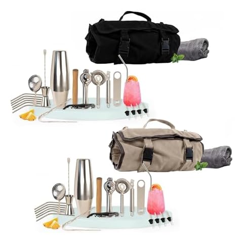 Bartender Kit with Canvas Bag - 27 Bar Accessories - Complete Cocktail Shaker Set - Beige and Black Set Cover