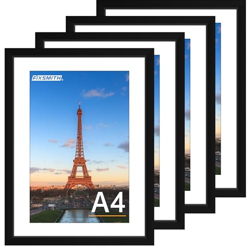 FIXSMITH A4 Picture Frame Set of 4, Photo Frame with HD Plexiglass, Display Pictures 6x8 with Mat or 8.3x11.7 Without Mat, Black Picture Frames Collage Wall Decor, Gallary Wall Frame