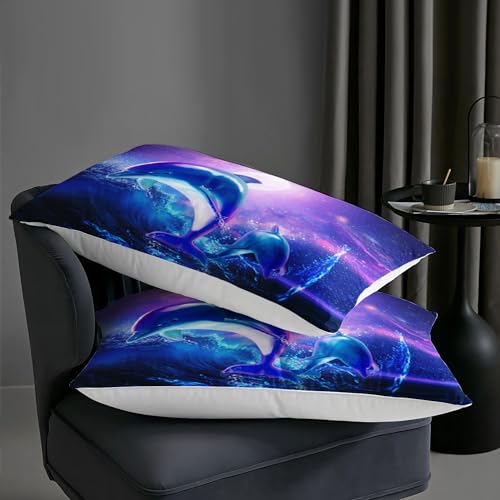 Image of AILONEN Dolphin Comforter Set Full Size, Starry Sky Sea Water Bedding Set for Kids Girls,Jumping Dolphin with Moon Bed in a Bag Duvet Set,3 Pieces,1 Quilt and 2 Pillowcases,Soft Microfiber