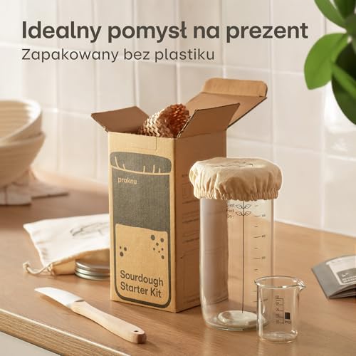 Praknu Zestaw Startowy do Zakwasu ze Szkła (700ml) Kompletny zestaw z przewodnikiem dla początkujących & pieczenie w domu – Idealny na prezent