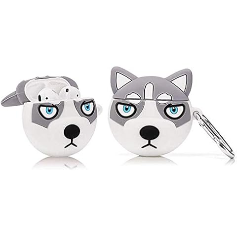 Yingbei Creative Cute Husky Styling Black & Grey with Carabiner Compatible Silicone AirPods Case (1st and 2nd Generation) (Grey) Cover