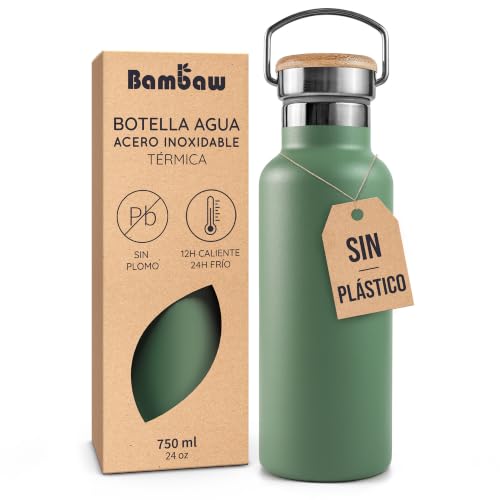Bambaw Botella Agua Acero Inoxidable 750ml, Botella de Agua Termica para Bebidas Frías o Calientes, Cantimplora Termica 750ml de Boca Ancha para Infusiones, Garrafa Inox Reutilizable (Verde Salvia)